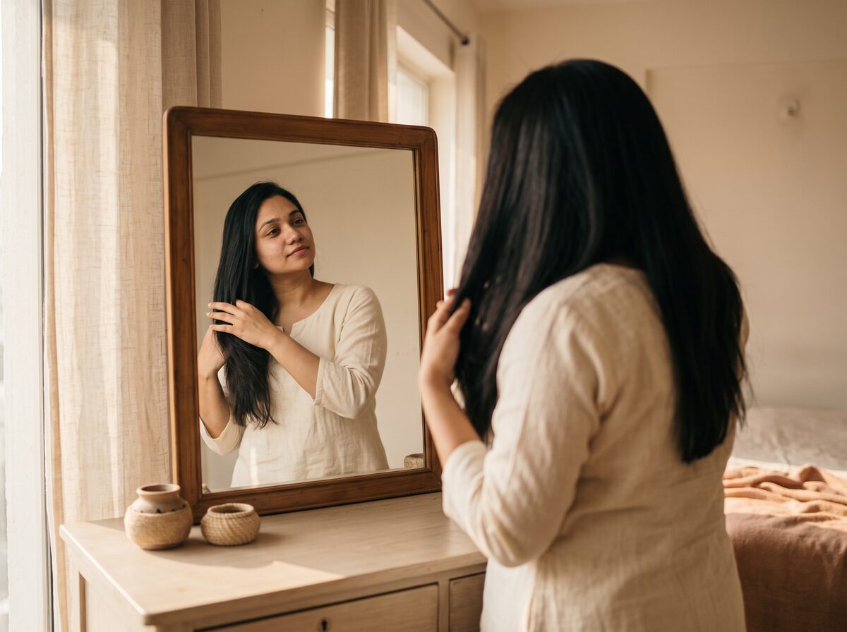 A woman at home running her fingers through smooth, treated hair