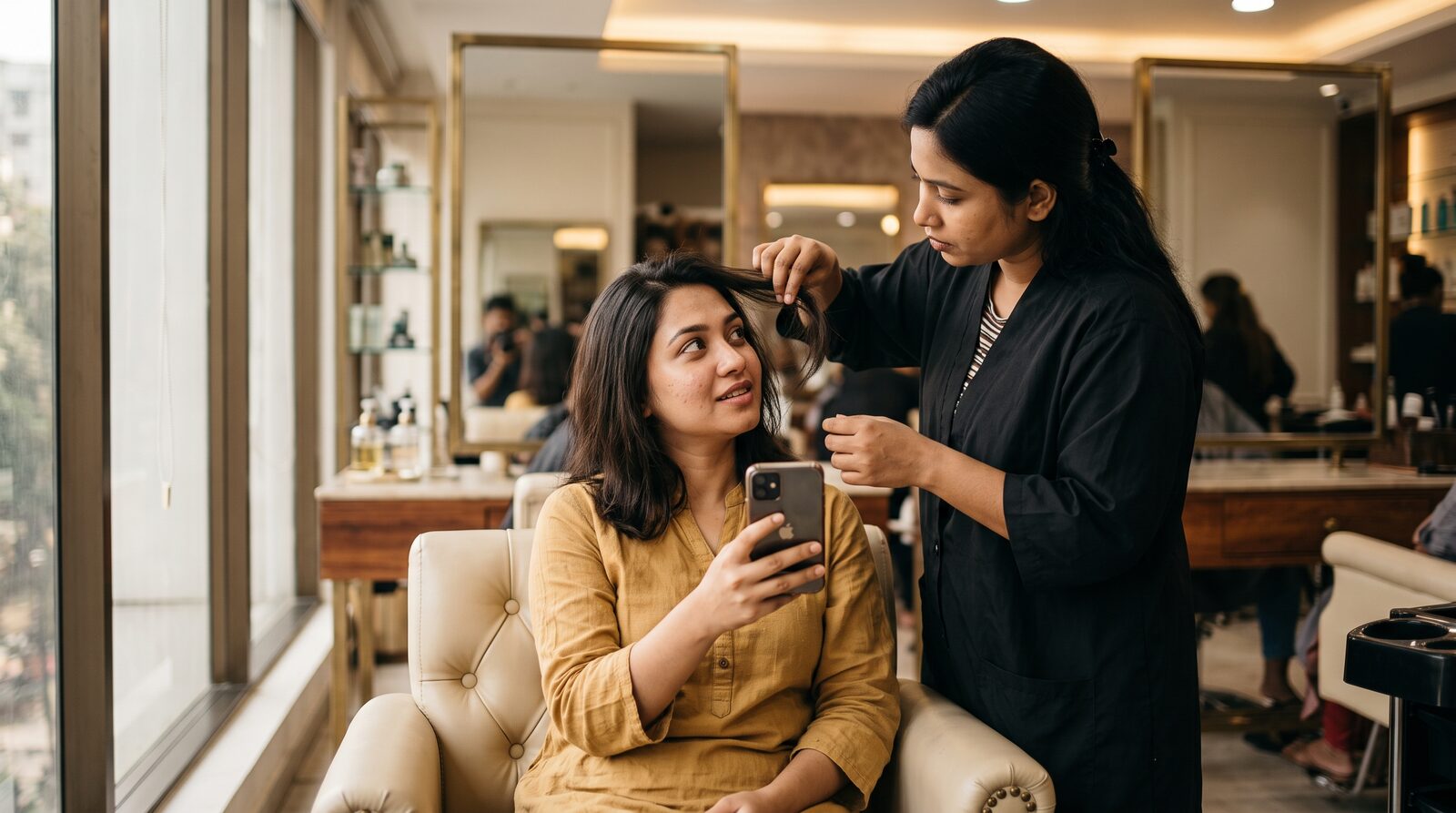 A customer showing a hair inspiration photo to a stylist at Noor Beauty Salon, Dhaka