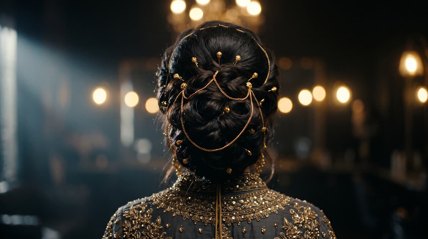 The back of a bride's head, hair dressed in a gold pinned updo