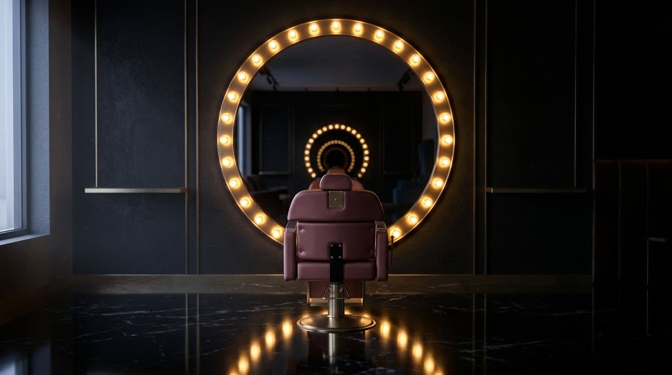 An empty salon chair facing a round mirror ringed with warm bulbs