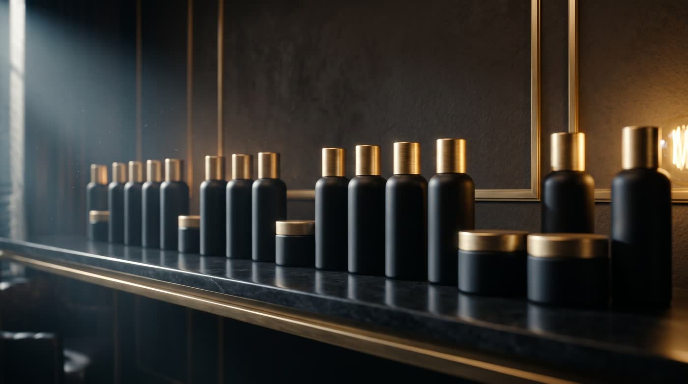Blank bottles and jars on a dark salon shelf