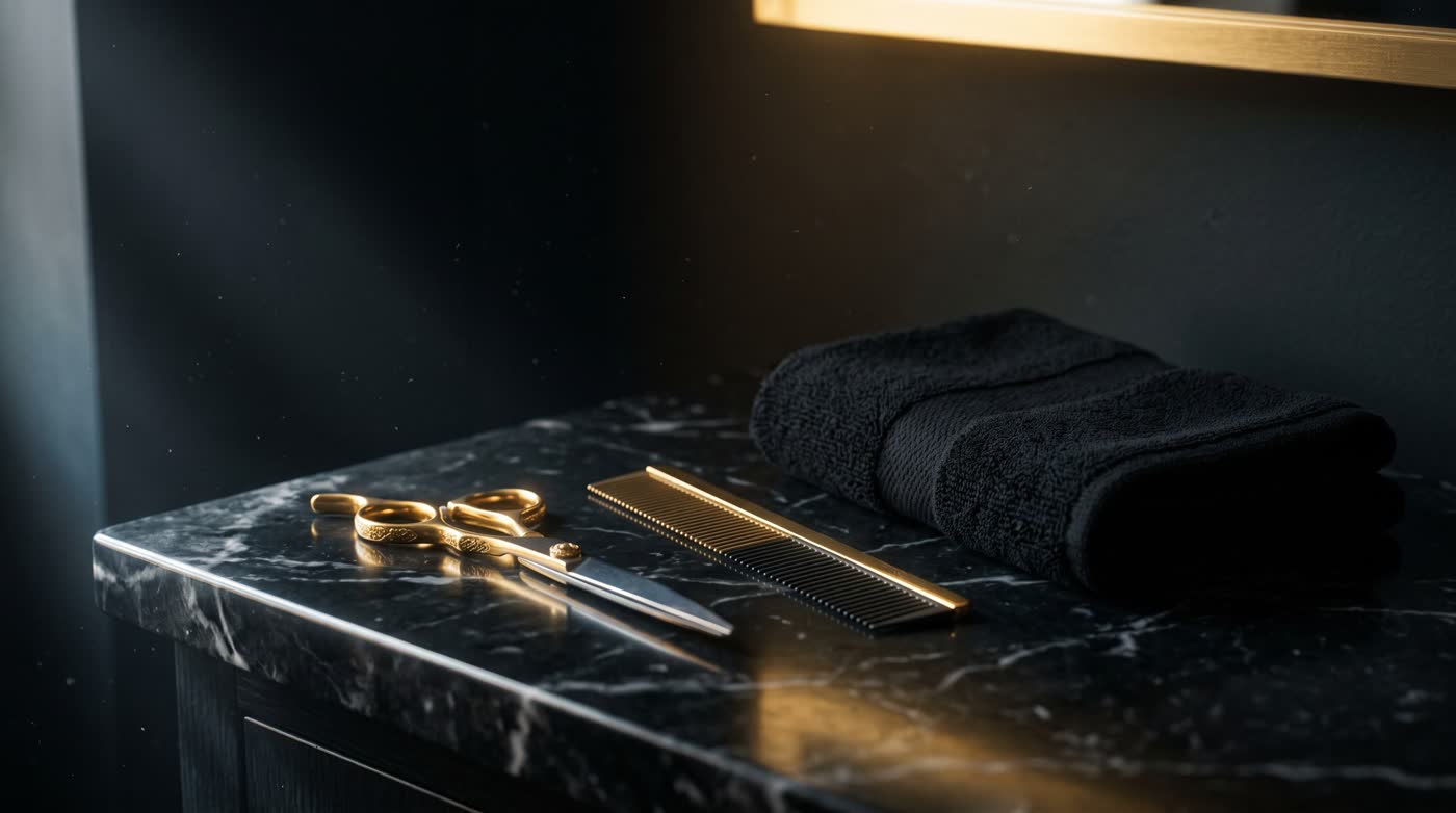 Gold scissors and a comb laid out on black marble